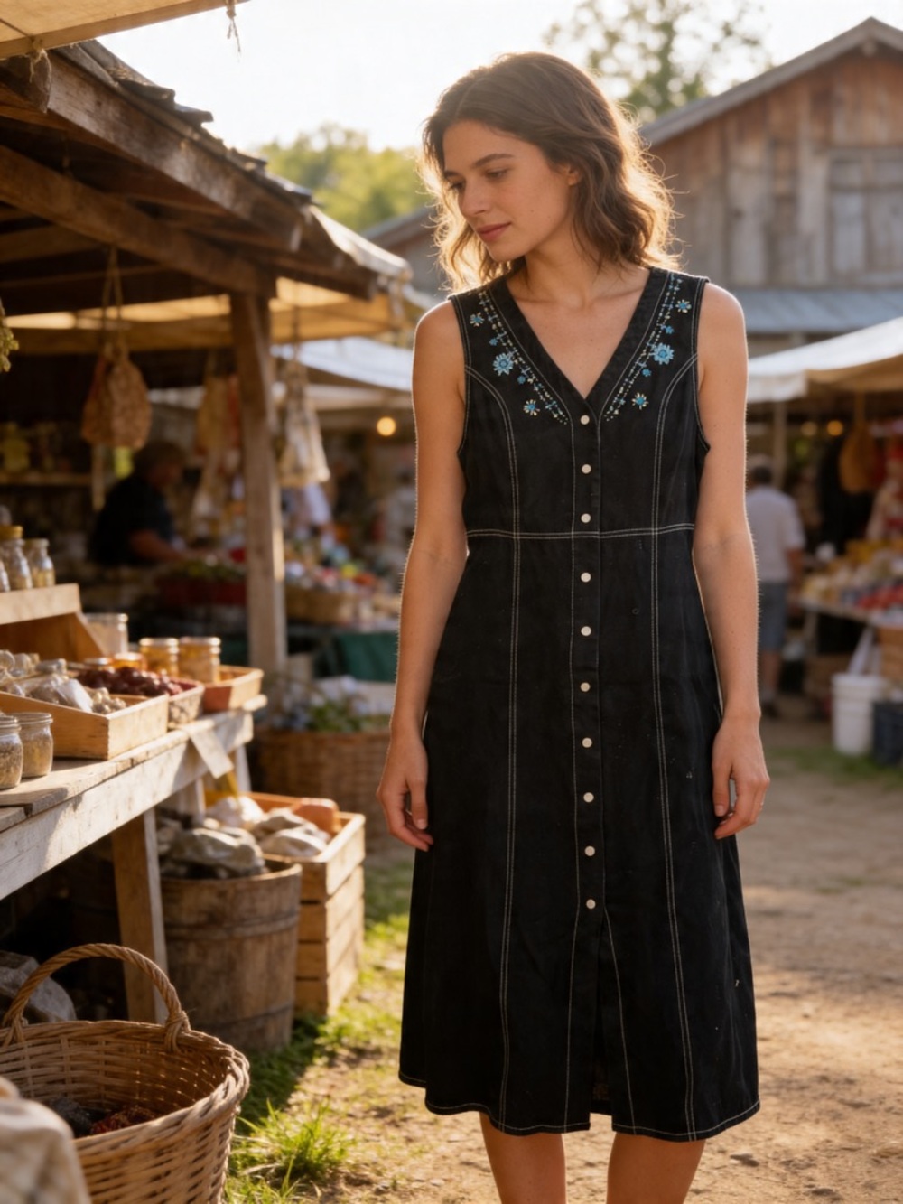 Carole Little Black Midi Dress with Blue Embroidered Yoke